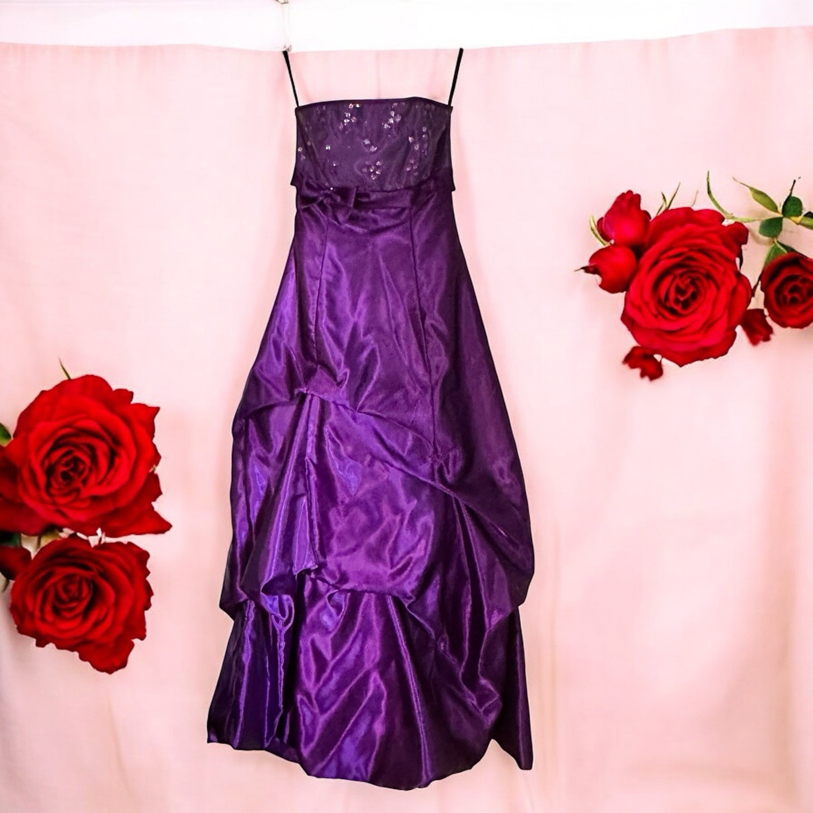 Jessica McClintock/Gunne Sax Purple Bubble Hem Satin Gown Prom Strapless Sz. 3