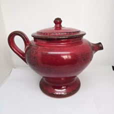 Vintage Hand Painted Unique Large Ceramic Teapot, Red, Brown, Italy