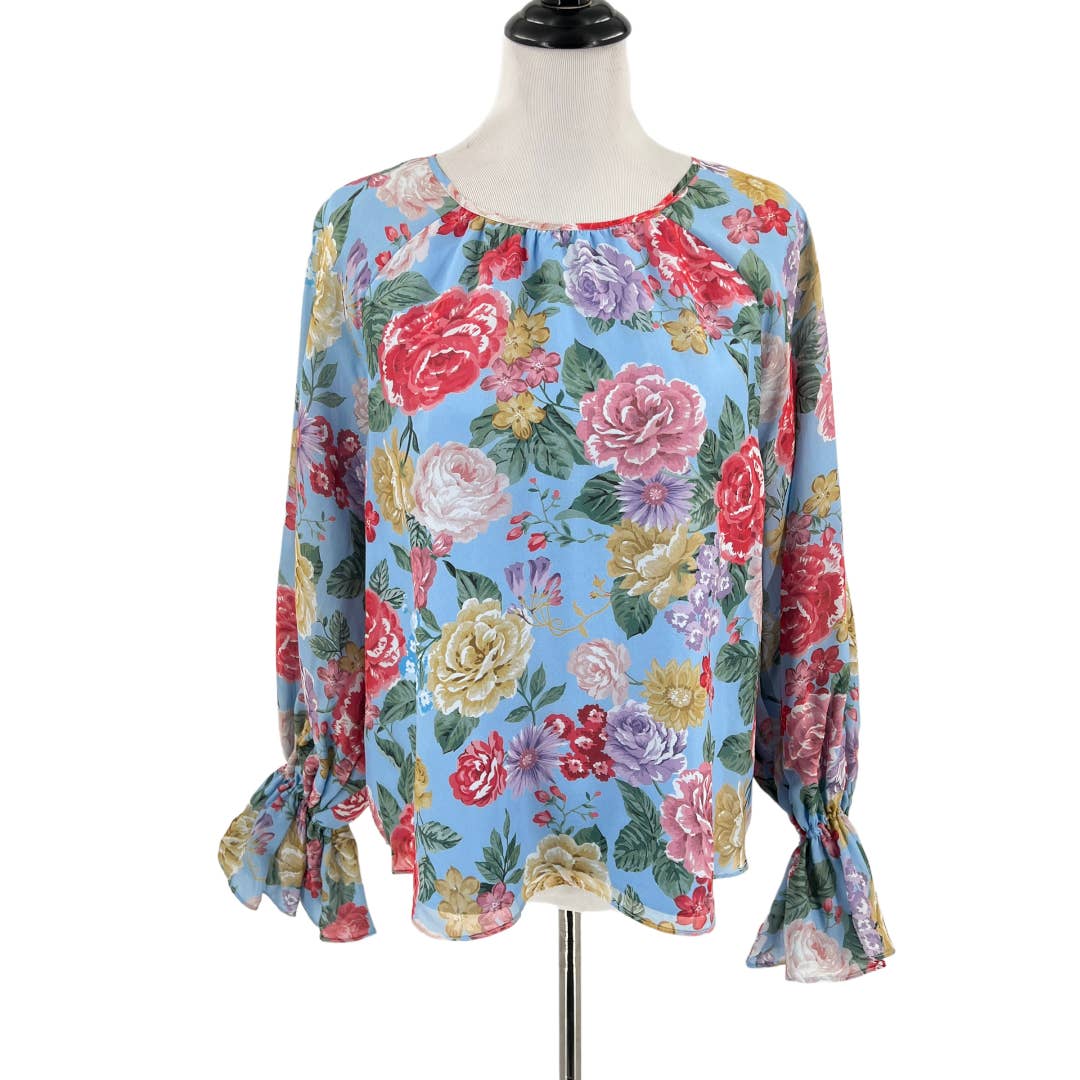 Divine Heritage Womens Silk Floral Blouse Sky Blue Size Small Ruffle Cuffs