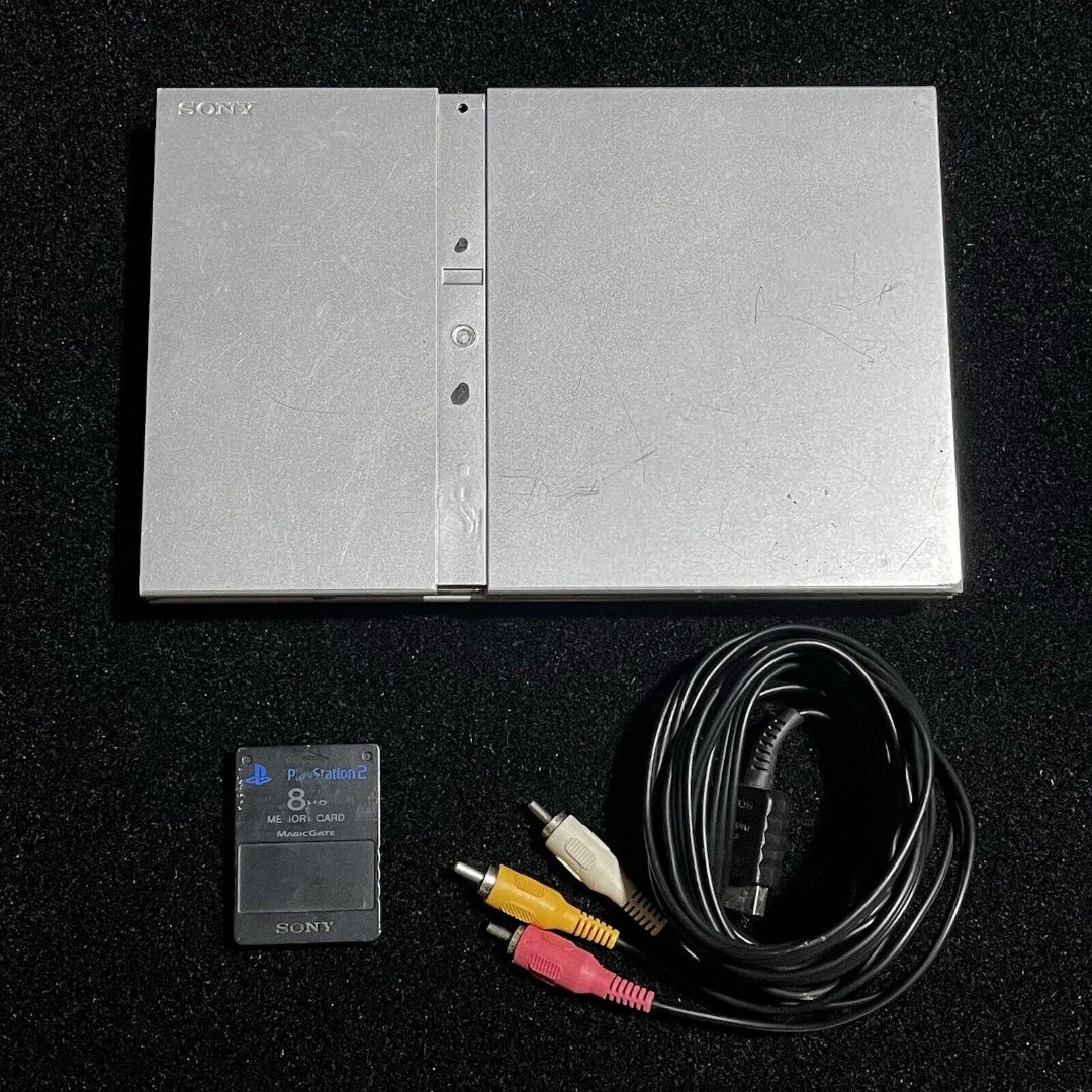 Sony PlayStation 2 PS2 Slim Silver Console Bundle + Memory Card - NO POWER CORD