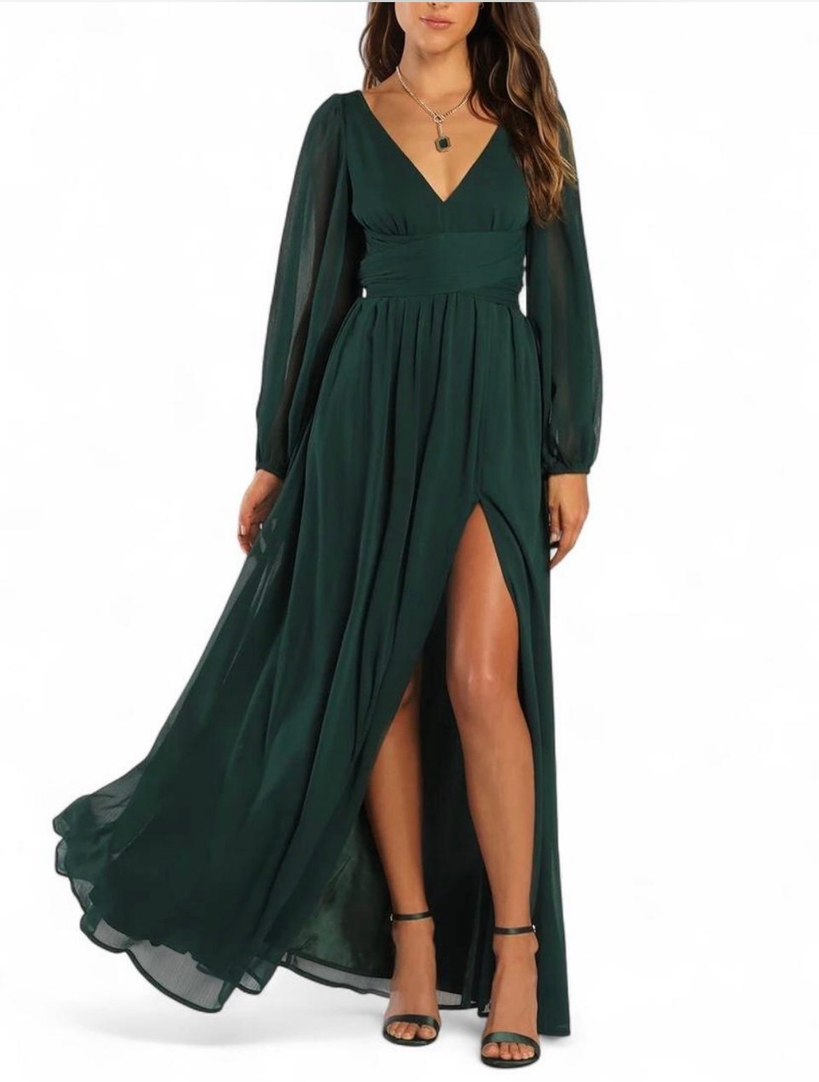 Lulus Maxi Dress Sz L Enchant My Love Emerald Green V-Neck Long Sleeves Gown