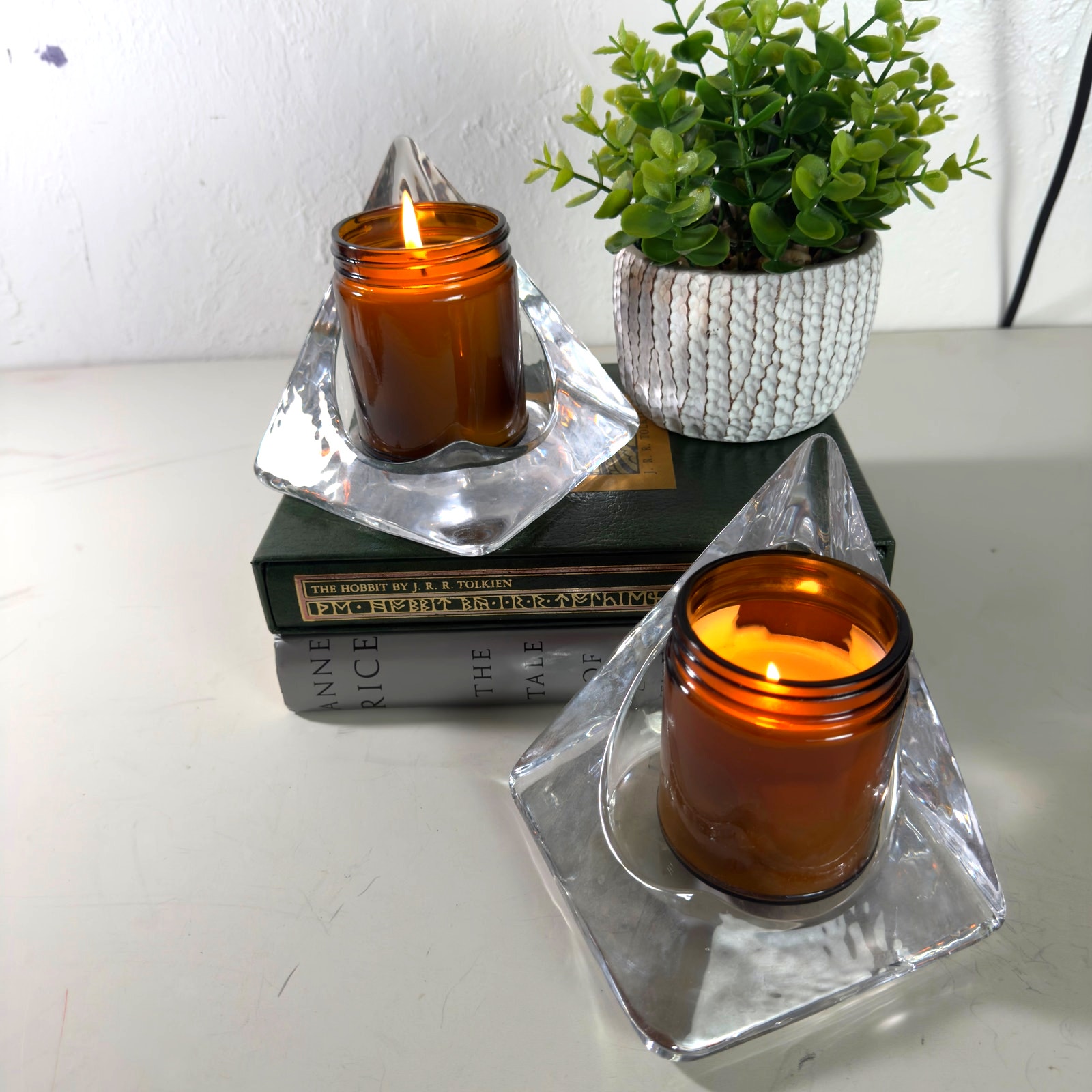 Nybro Crystal Sweden Pyramid Large Pillar Candle Holders by Tord Kjellstrom MCM