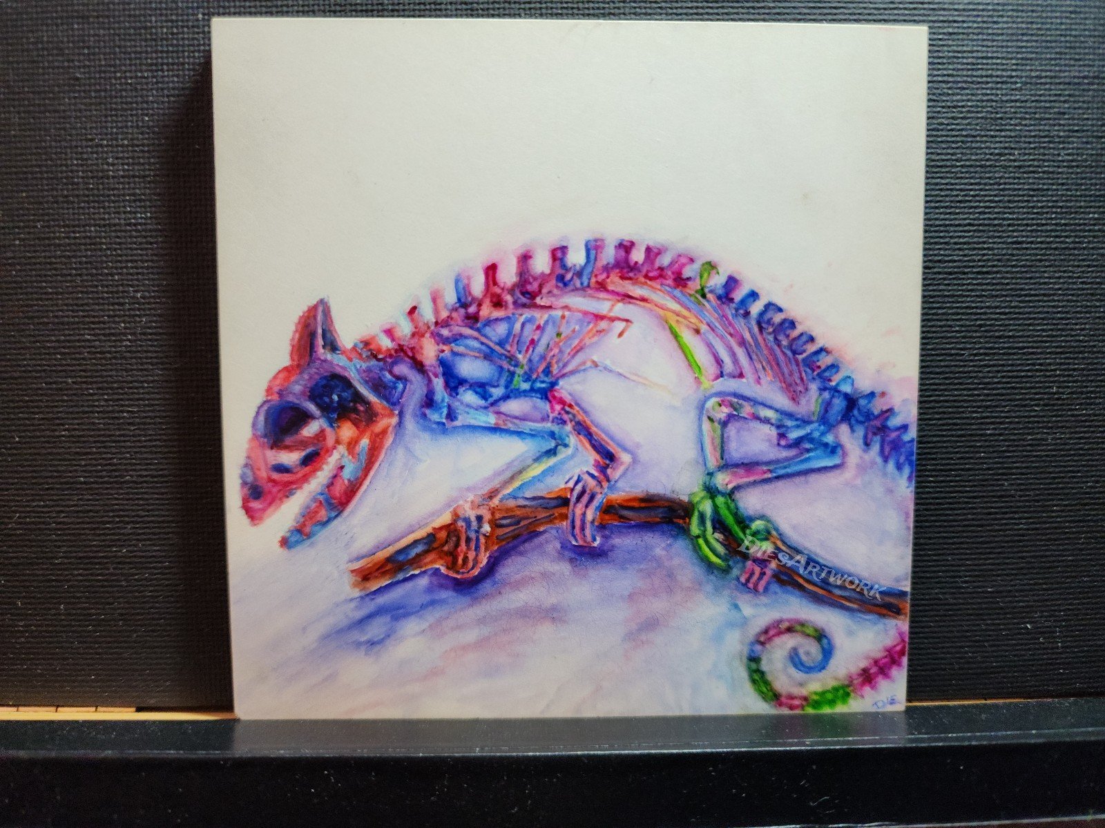 Original Chameleon Skeleton Watercolor on a 4x4 panel