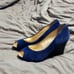 Lilly Pulitzer Resort Chic Wedge Bomber Blue Suede 7 Open Toe Wood Wedge EUC