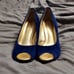 Lilly Pulitzer Resort Chic Wedge Bomber Blue Suede 7 Open Toe Wood Wedge EUC