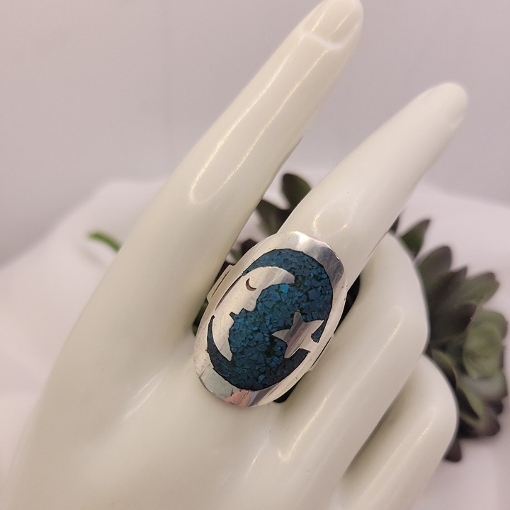 Sterling Silver Turquoise Inlay Moon & Stars Ring