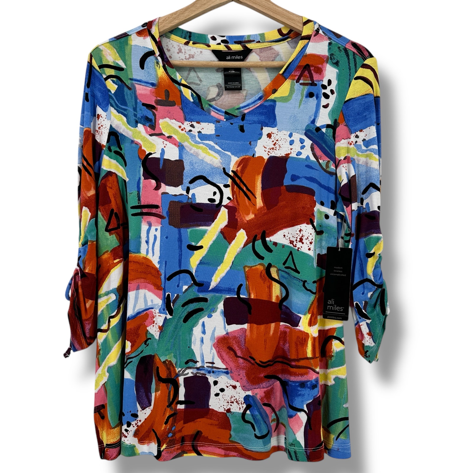 Ali Miles Abstract Art Print 3/4 Cinch Sleeve Shirt Petite Size Medium Artsy