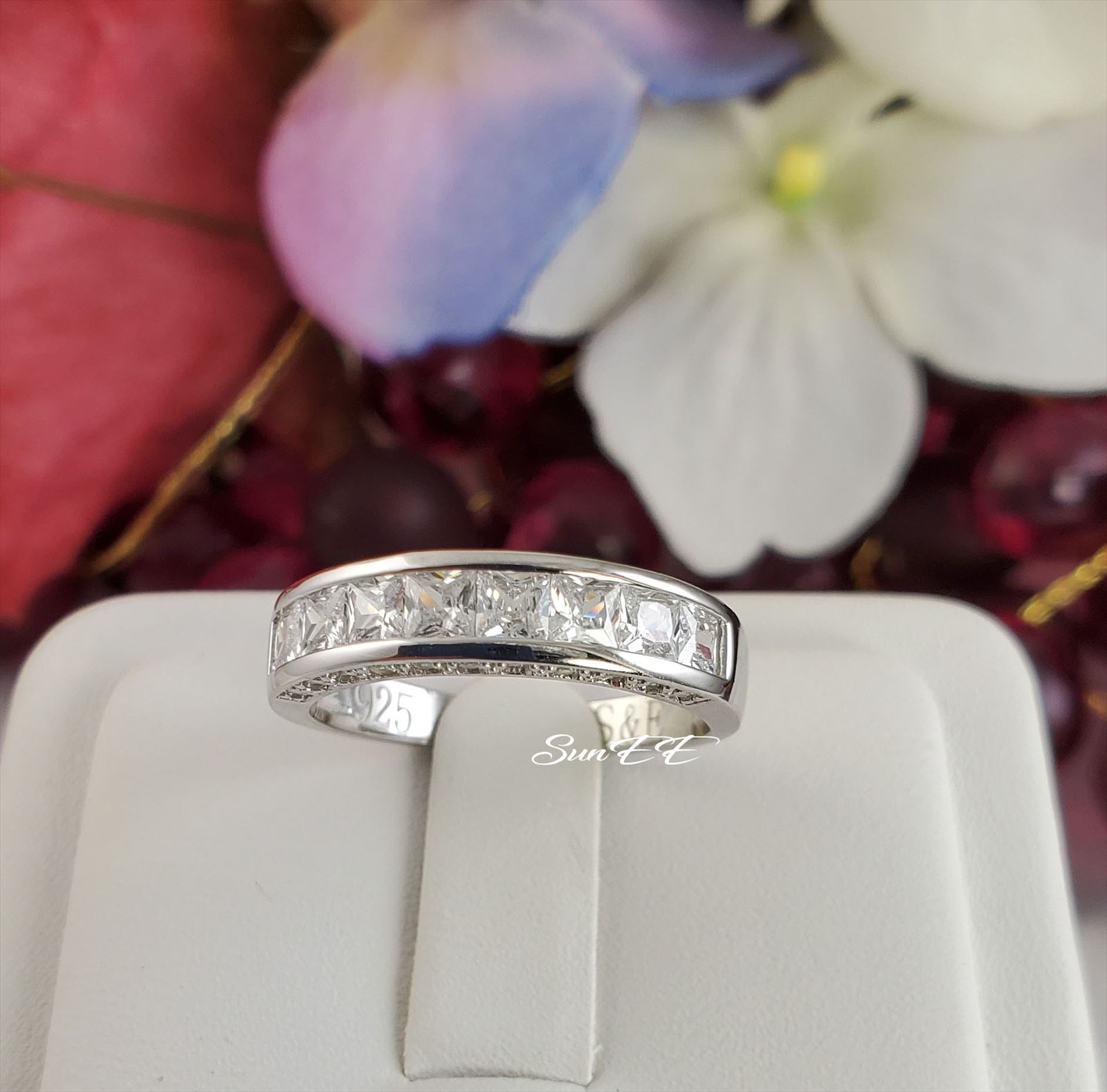 New Real 925 Sterling Silver Princess Cut Wedding Band Ring