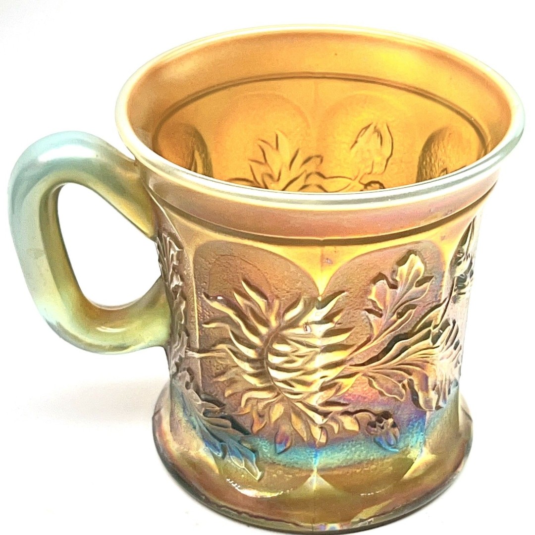Antique (1911) Aqua Opalescent Northwood Carnival Glass Dandelion Pattern Mug