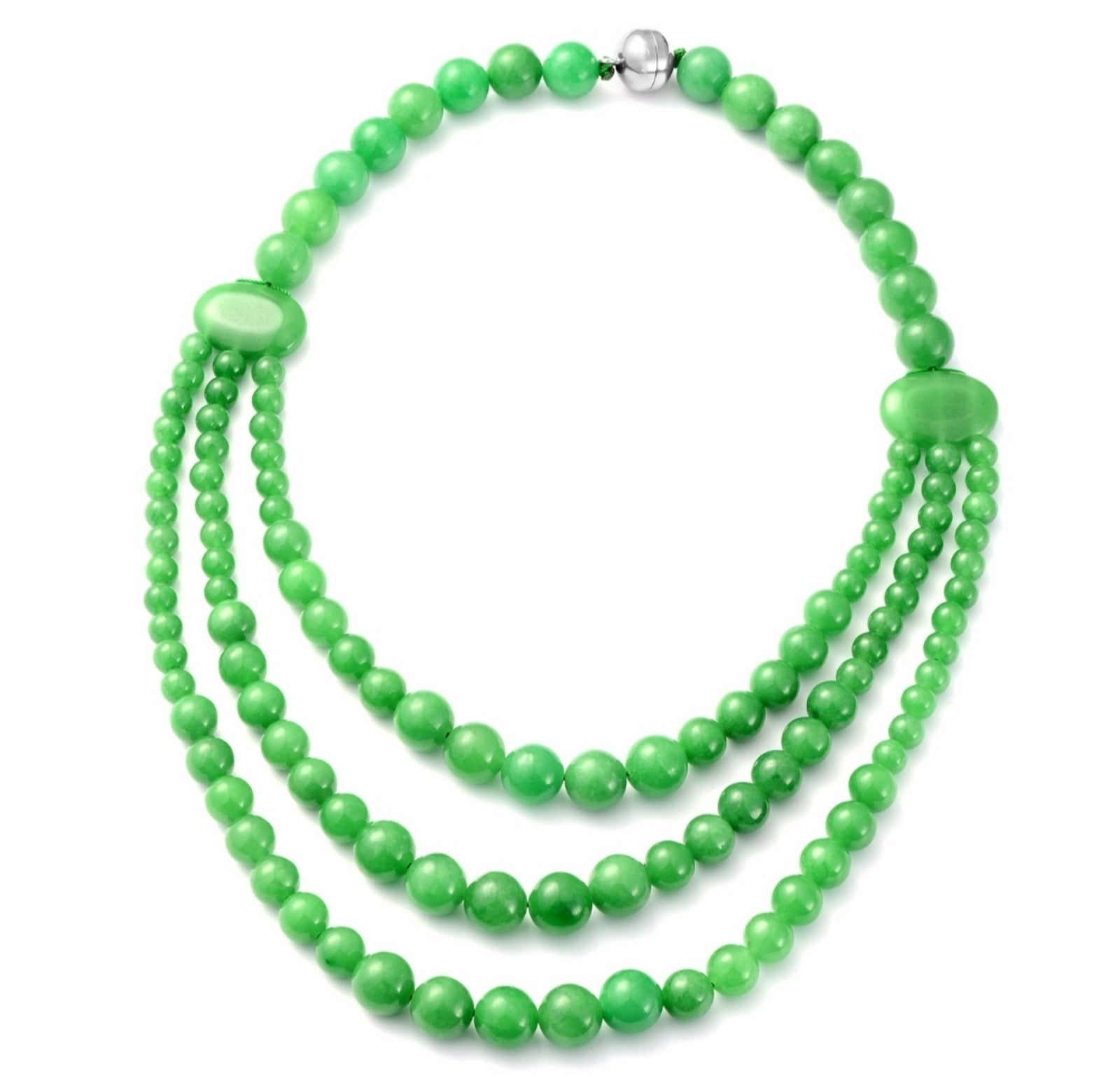Green Jade Beaded Triple-Row Necklace Sterling Silver
