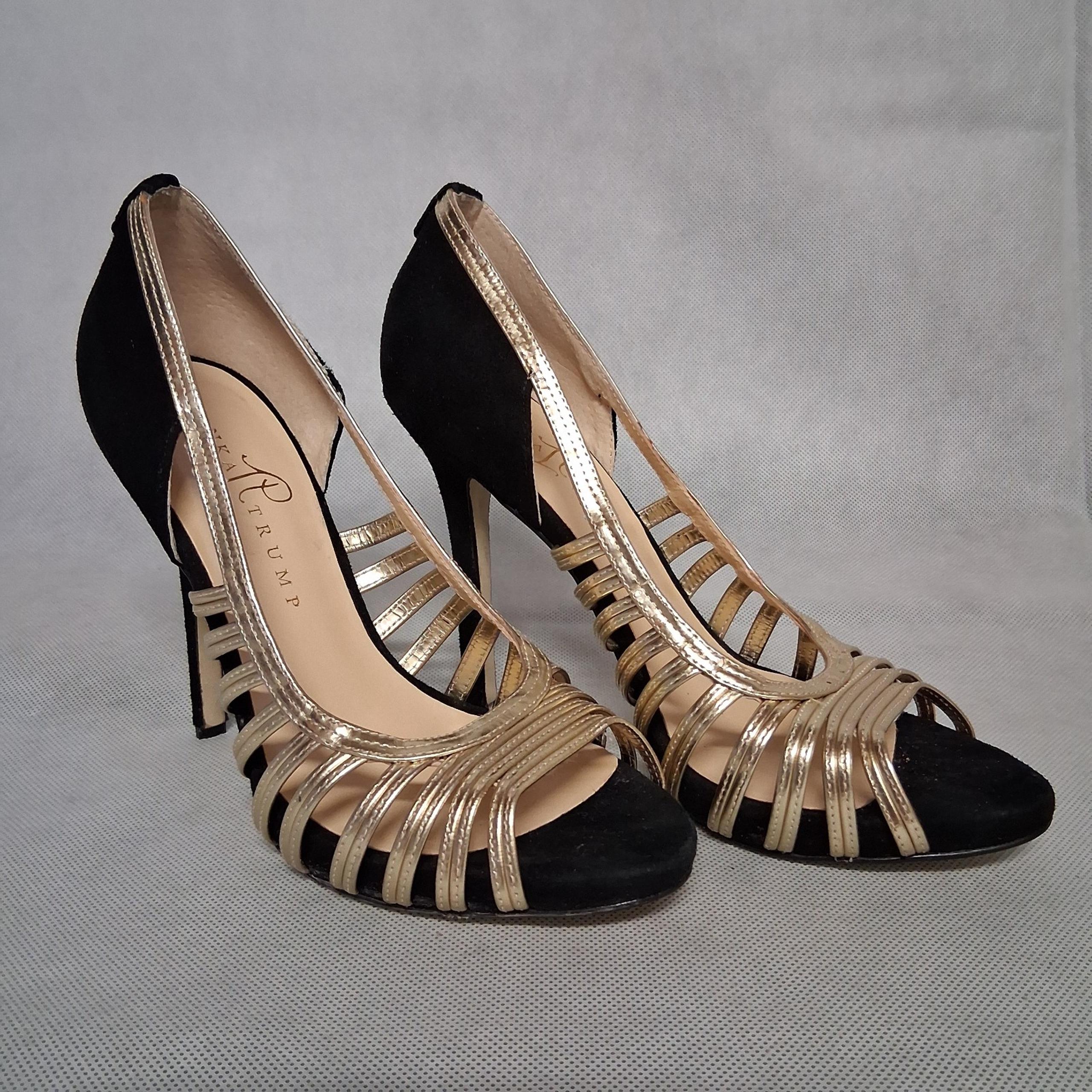Ivanka Trump Claudine Stiletto High Heels 7M Black Gold Leather Upper Open Toe