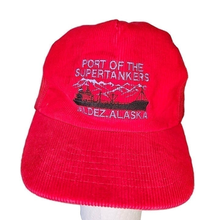 Vintage 80s Red Corduroy Snapback Hat Cap Valdez Alaska Port Supertankers