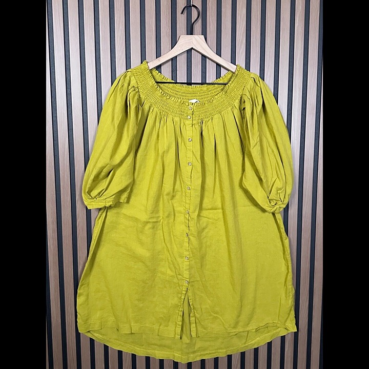 Free People Dress Medium Green Yellow Button Front Smocked Trim Balloon Sleeve