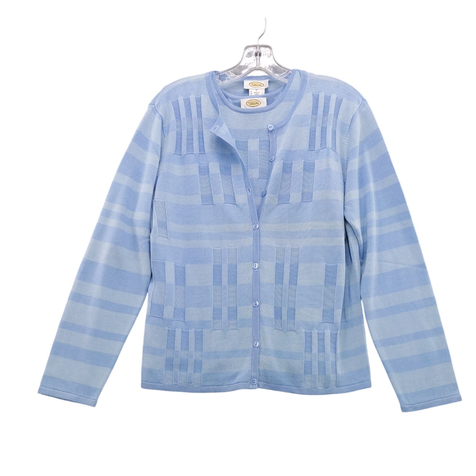Talbots 100% Silk Knit Cardigan Top Set Twinset Blue Striped Women's M