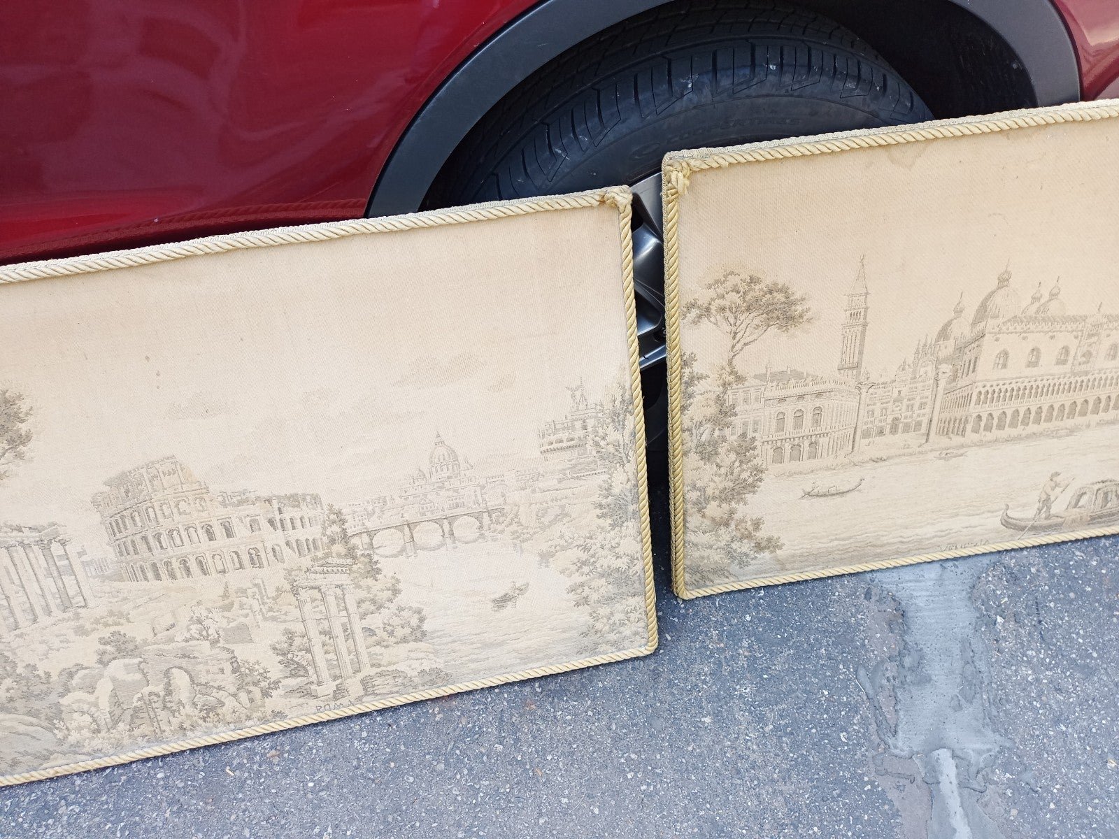 1940s pair handmade Italian tapestries Venice and Rome