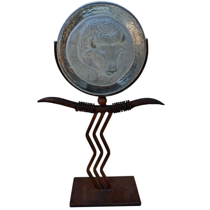 Rare Signed Frosted Glass Buffalo Head Sculpture On Rustic Iron Stand