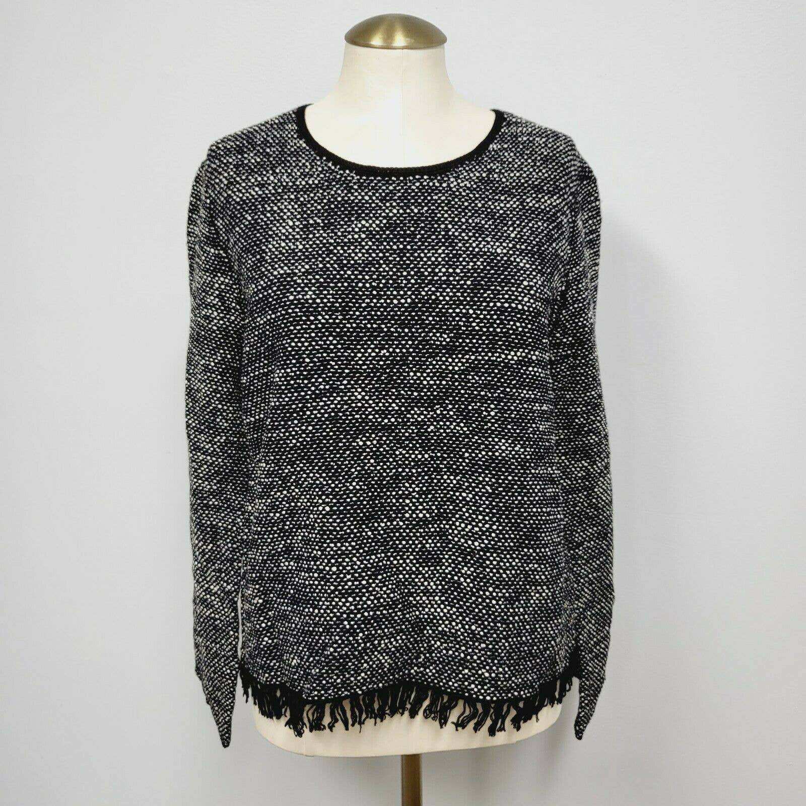 Theory Womens Vendla Tweed Fringe Sweater Textured Pullover sz L black white