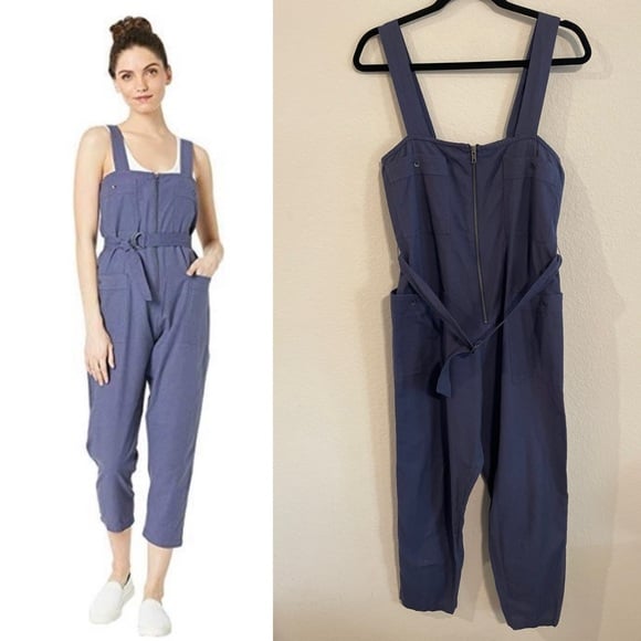 Billabong Blue Cotton Linen Front Light the Night Square Neck Zip Up Jumpsuit