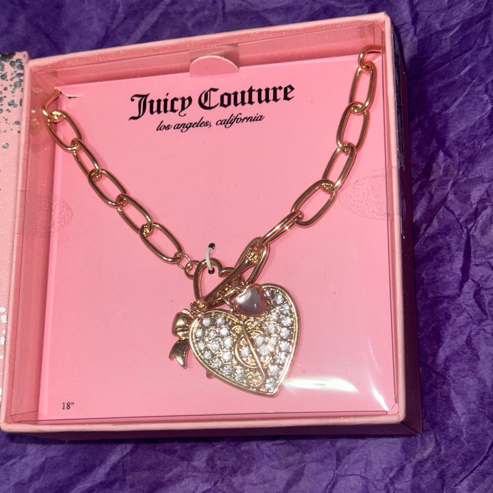 Juicy Couture Heart Charm Gold Tone Chain Necklace Rhinestone And Toggle