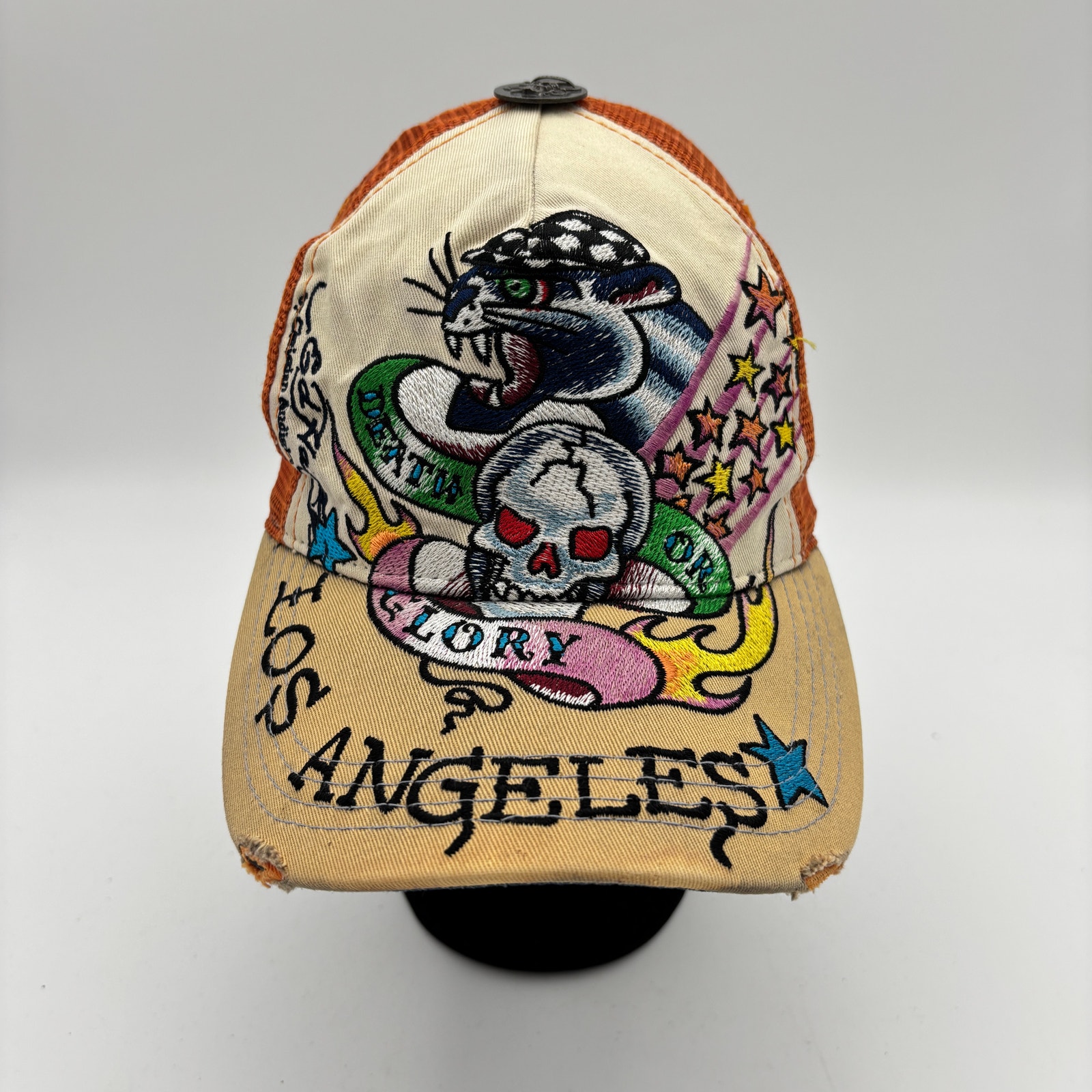 Ed Hardy Christian Audigier Death Or Glory Skull Embroidered Trucker Hat Y2K