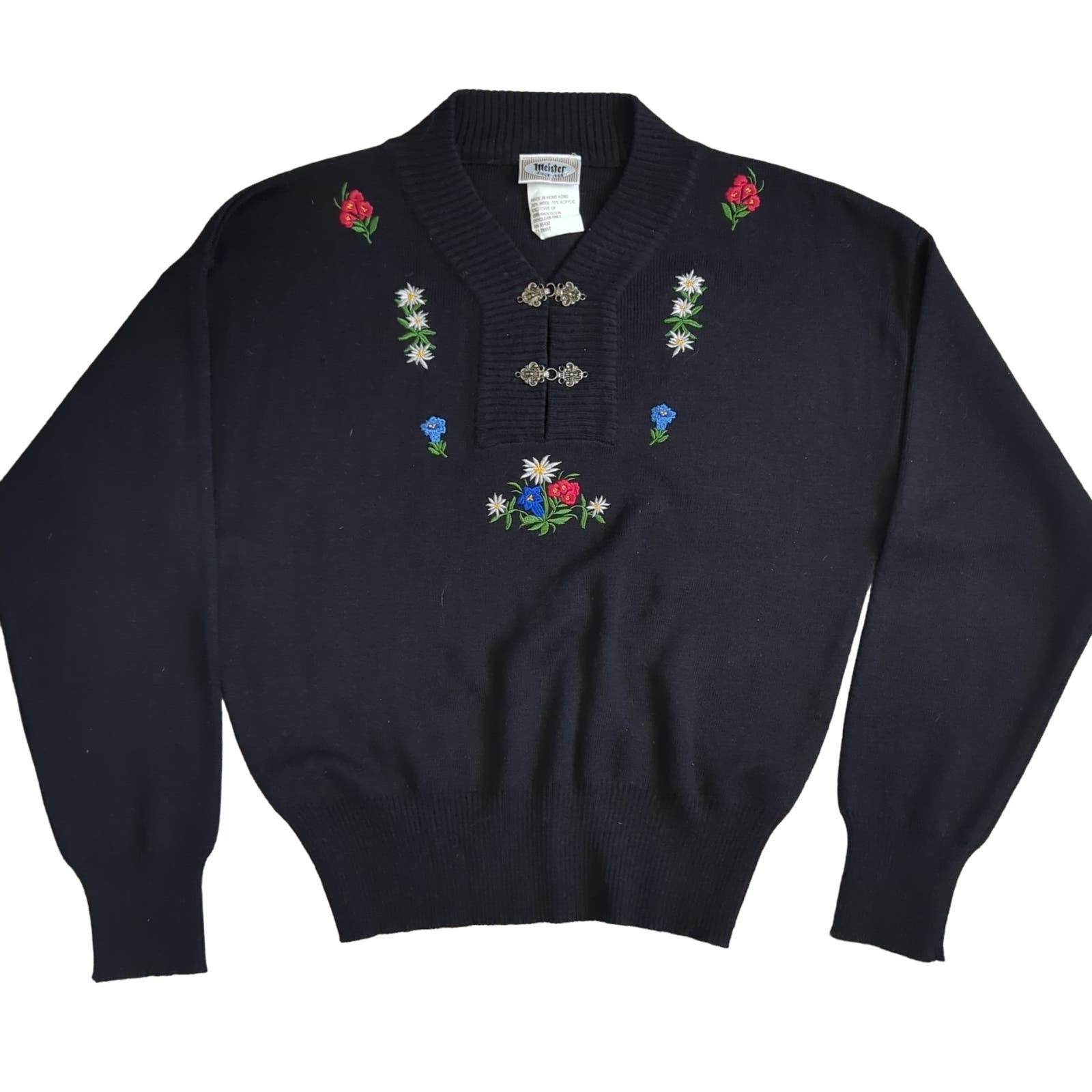 Meister Vintage Cottagecore Folklore Embroidered Wool Sweater Fair Isle Medium