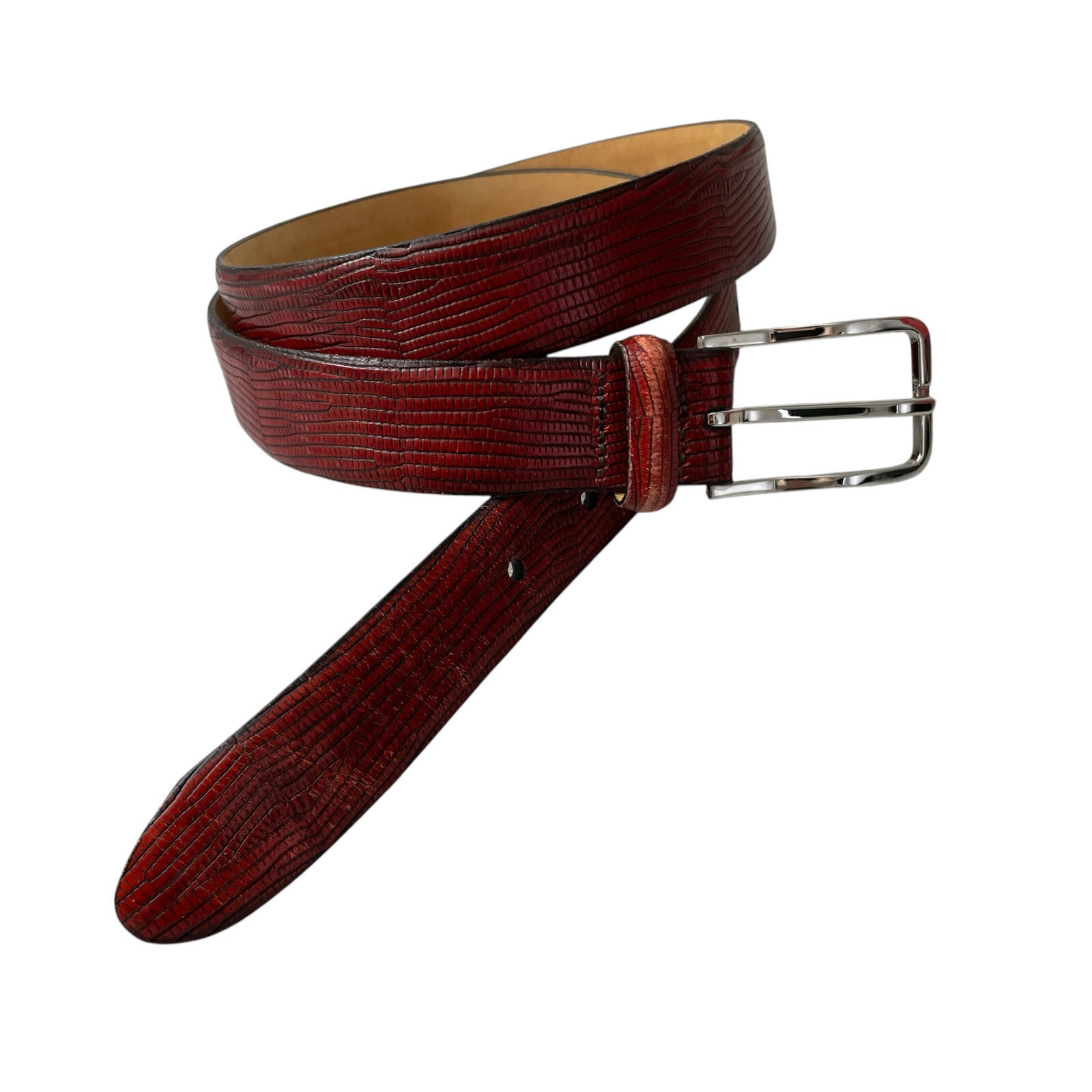Martin Dingman Leather Belt Medium Red Silver Mens Lizard Grain Calfskin 1
