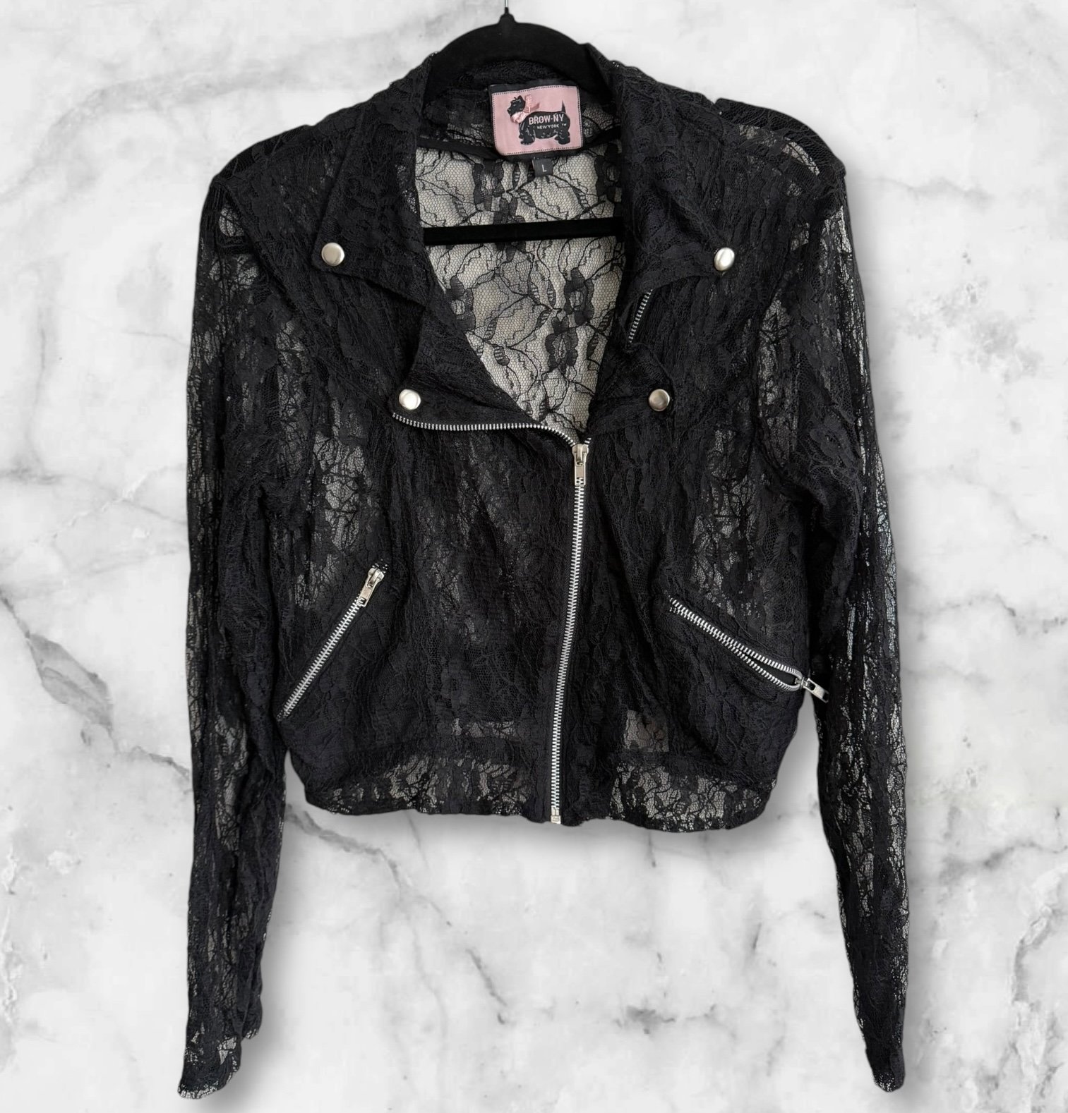 Brow-NY Black Lace Moto Style Jacket- Size L- Madonna 80’s Vibe