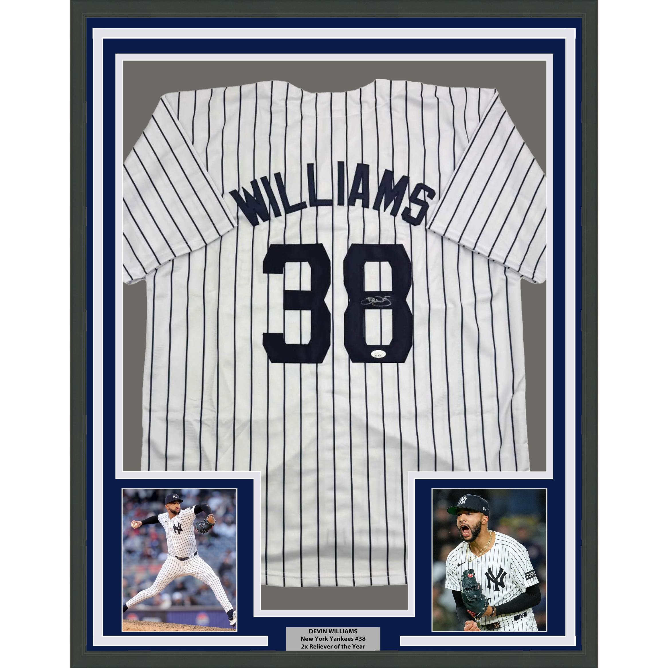 Framed Autographed/Signed Devin Williams 35x39 New York Pinstripe Jersey JSA COA