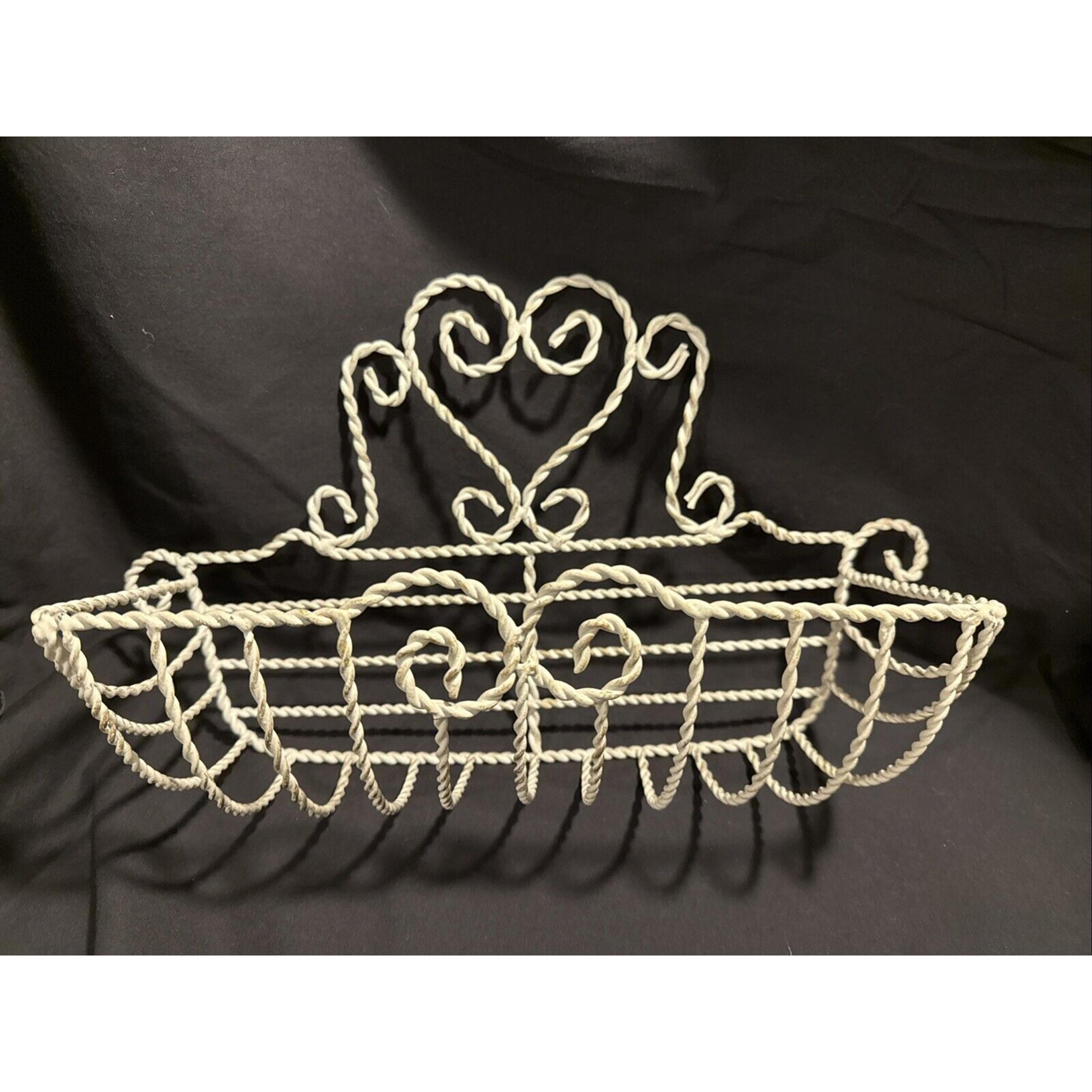 Vtg Wire Wall Basket Rustic Victorian White Heart Design, Shabby Chic, Granny
