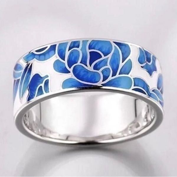 White Blue Floral Enameled Ring