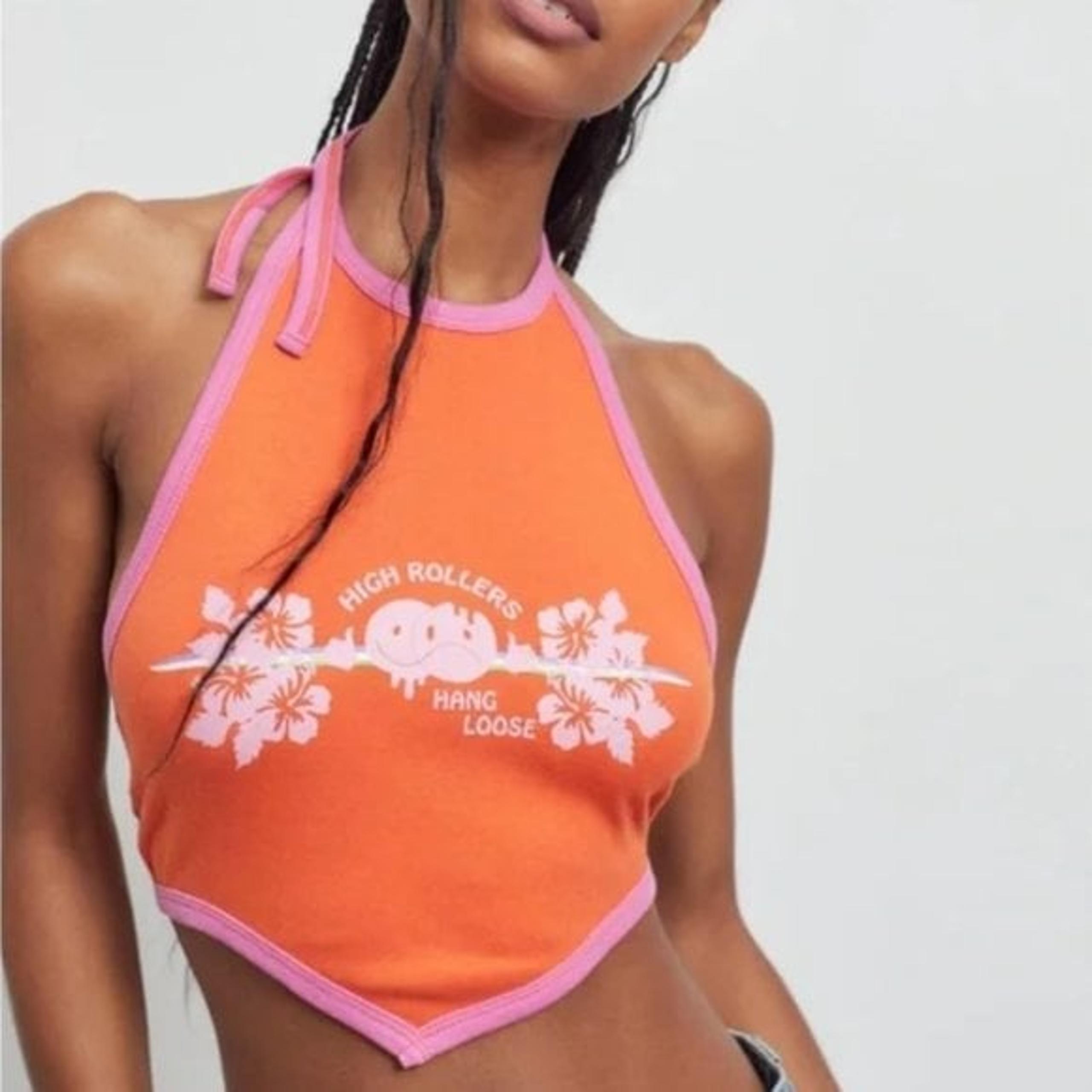 UO "High Rollers Hang Loose" Melting Smiley Face Hanky Hem Halter Top women XXL