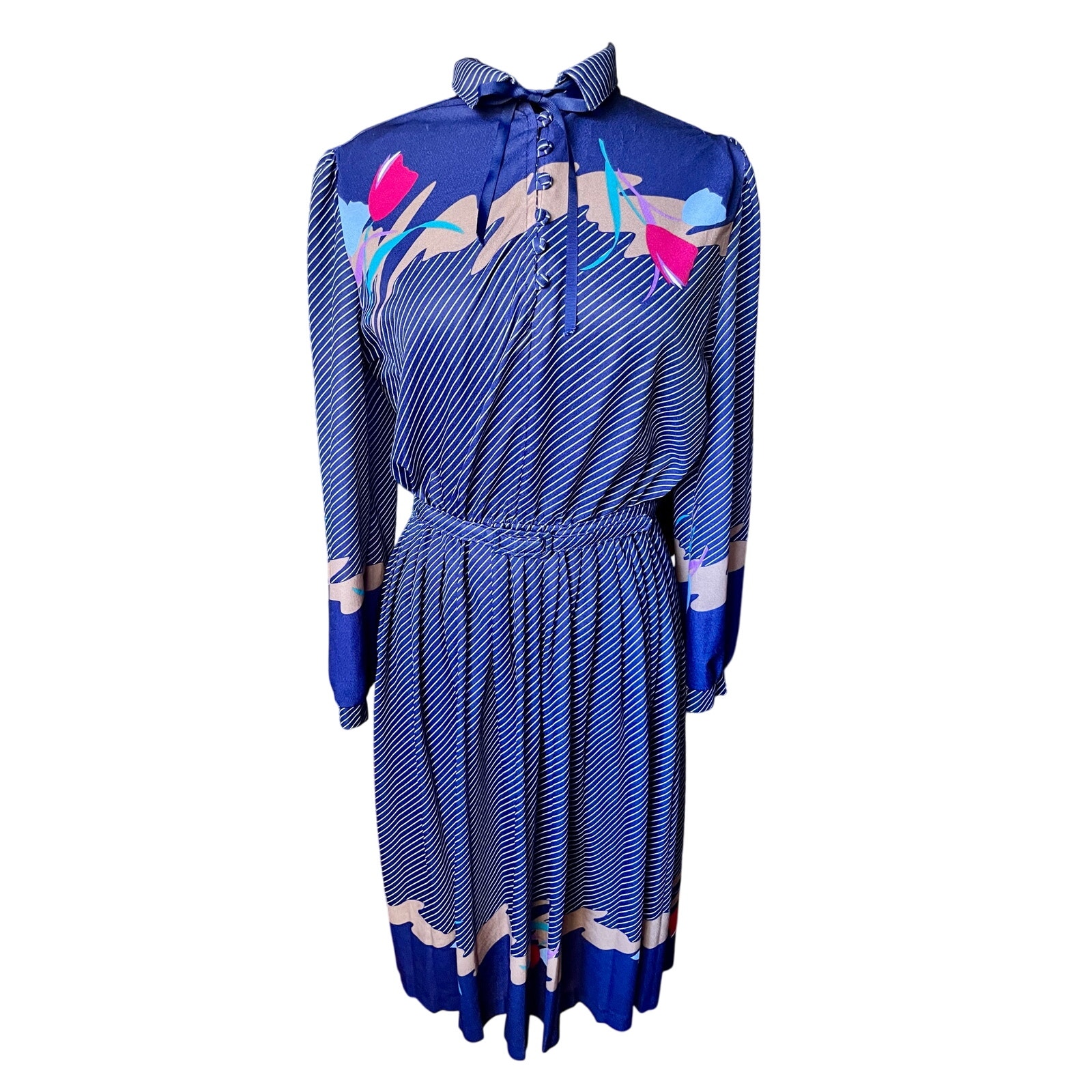 Vintage 70’s ILGWU Blue Pink Striped Secretary Retro Geometric Dress Med Large