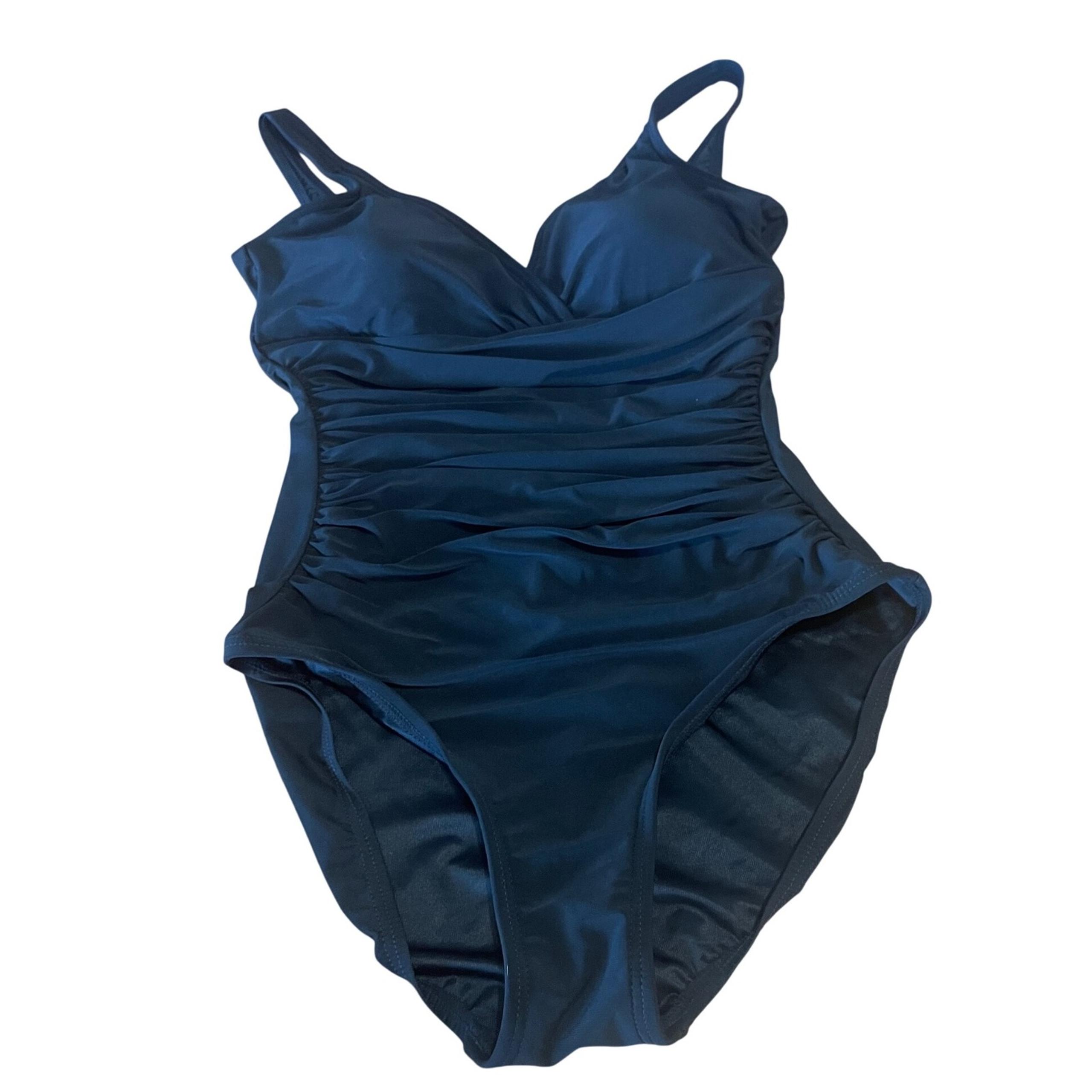 NWT St. John's Bay Secretly Slender Black Ruched One Piece Swimsuit Size 14
