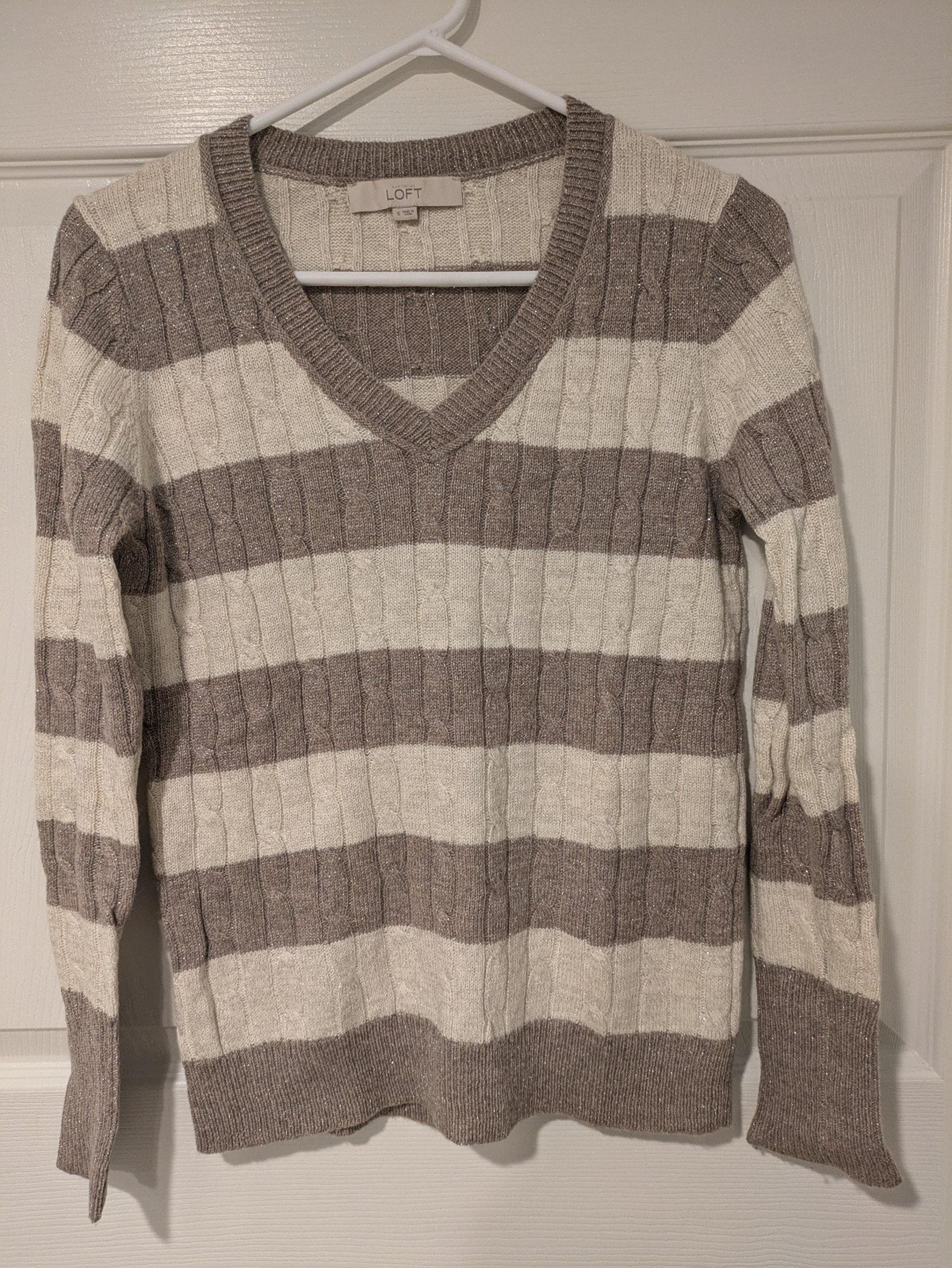 Loft striped v neck cozy cable sweater