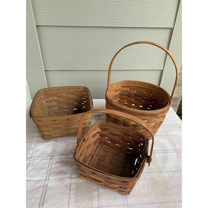 Longaberger Various Sizes Lot 3 Vintage 1990 Baskets 2 w/ handles