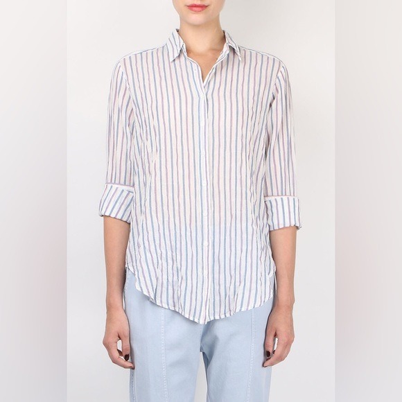 Xirena Navy Blue Red Striped Beau Button Up White Long Sleeve Shirt Small