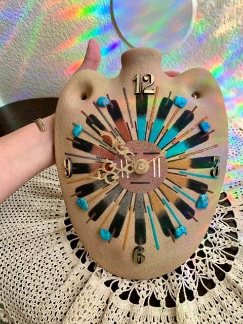 Vintage Native American Navajo Sand Art Pottery Wall Clock Artist B. Goldtooth