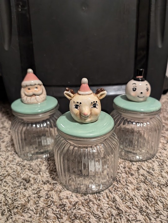 Johanna Parker SANTA REINDEER SNOWMAN Christmas Glass Candy Canister Jar. 3pcs