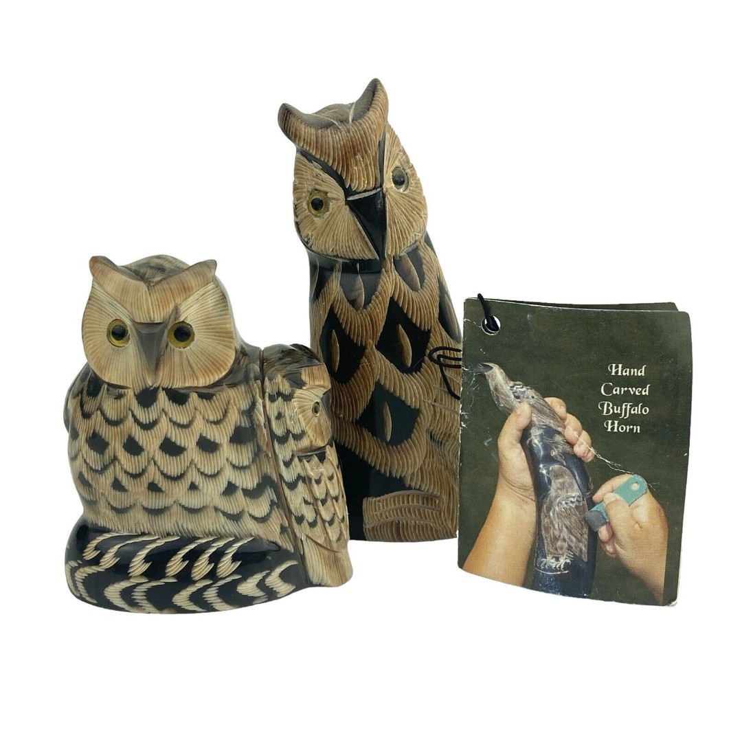Canadian Hand Carved Buffalo Horn Owls Pair Cranbrook BC Canada 3” Snowy Owl EUC