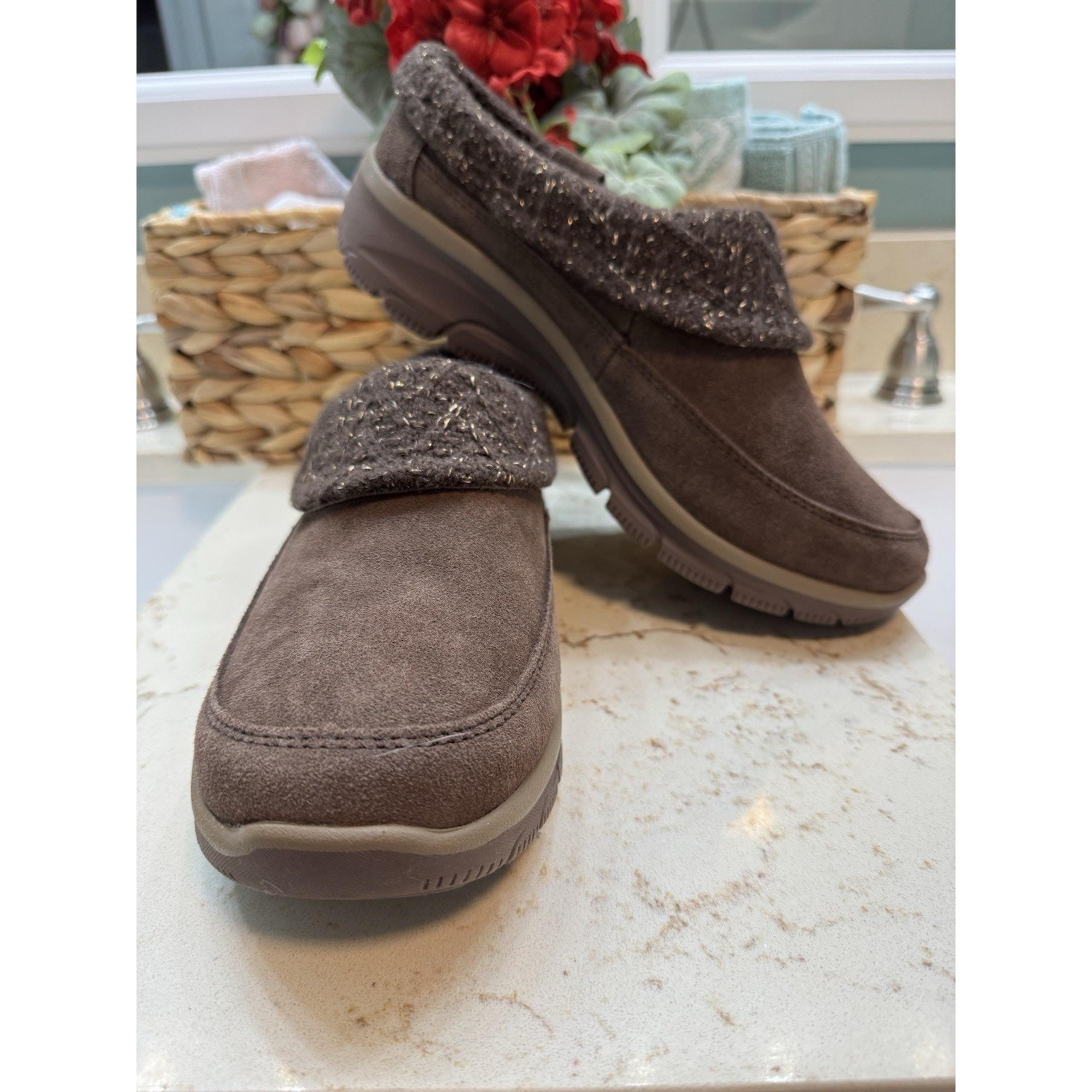 Skechers Air Cooled Memory Foam 9.5 Brown Womens Leather Faux Fur Slip Ons