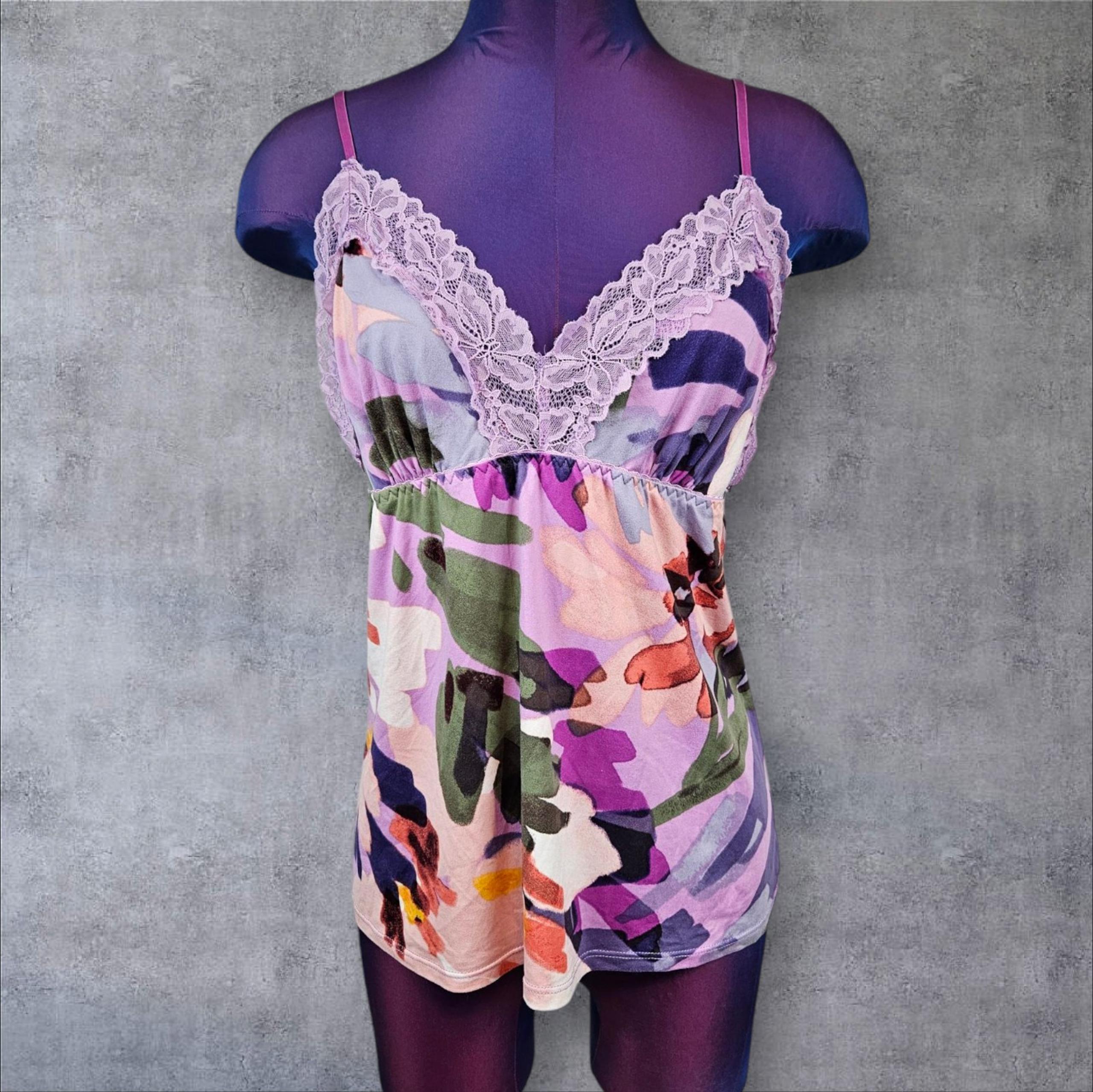 Linea Donatella Purple Floral Lace Trimmed Babydoll Cami Tank Top Size Large G29