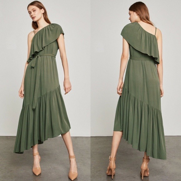 BCBGMAXAZRIA Conrad Off-The-Shoulder Asymmetrical Dress Olive Green Size XXS NEW