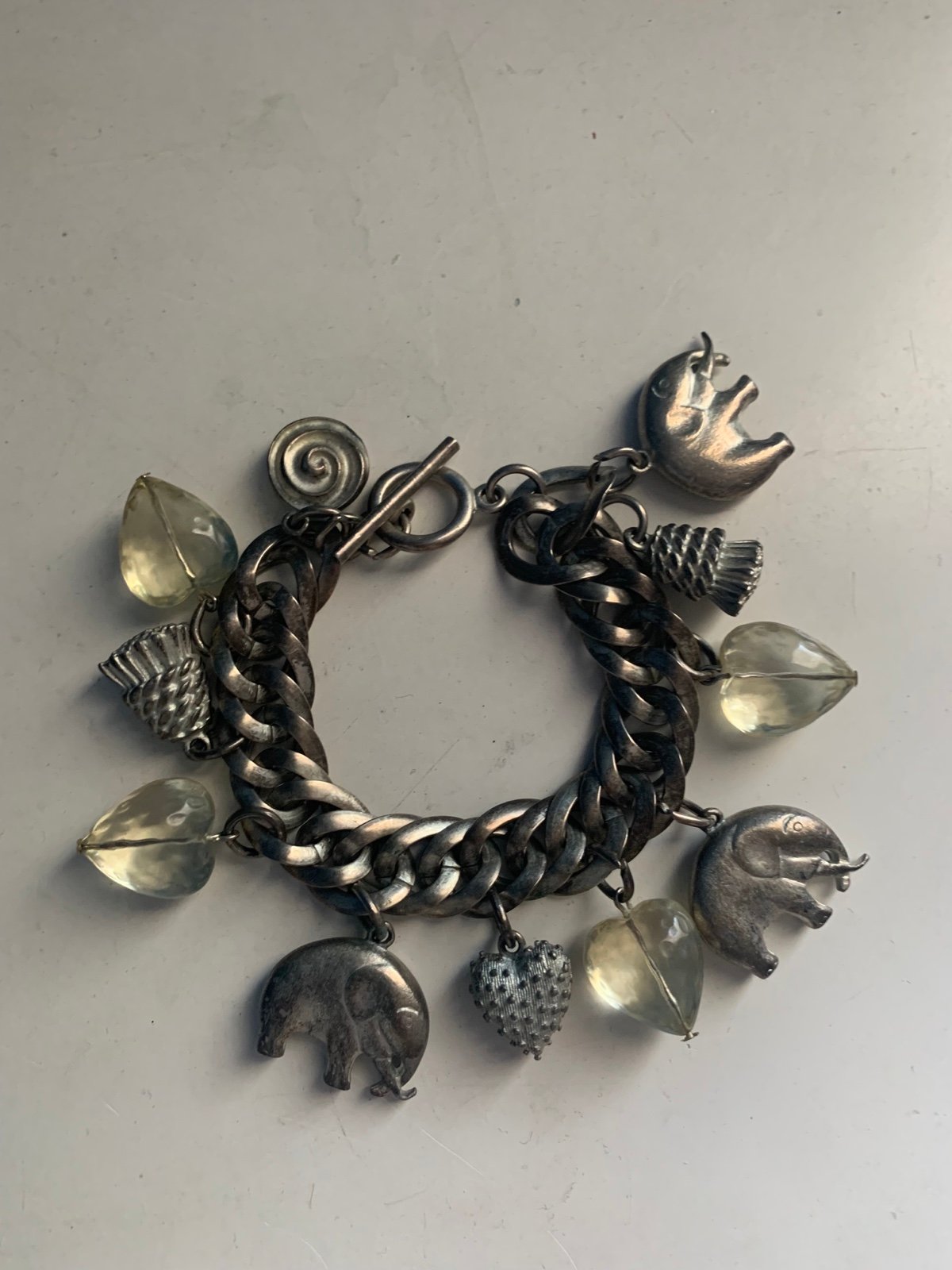 Vintage Antique Silver Link Charm Bracelet Puff 3D Hearts Elephant’s