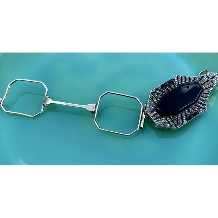 Antique Art Deco Sterling Pendant Longorette Folding Eyeglasses Onyx Marcasite