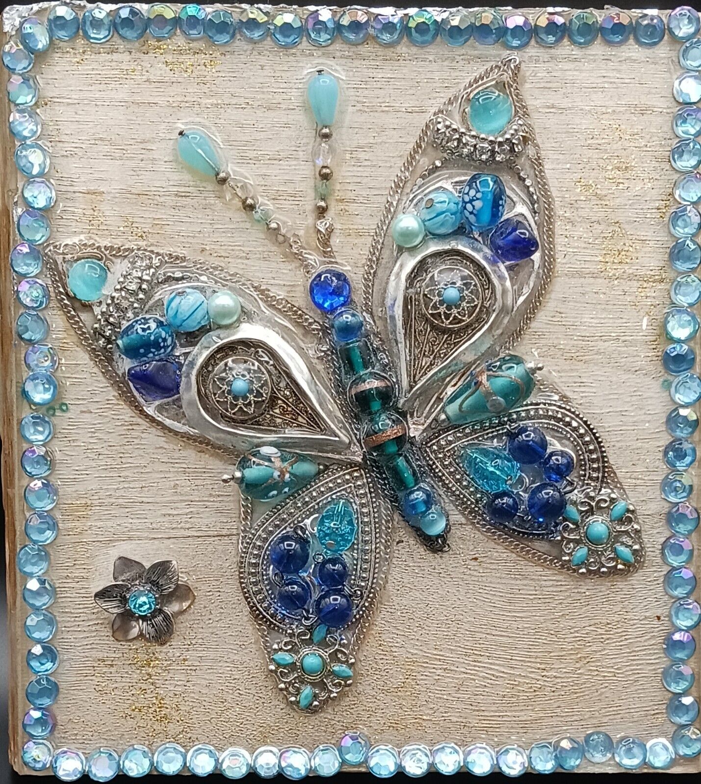Vintage Jewelry Jeweled Framed Handmade Butterfly Original Art Beads Rhinestones