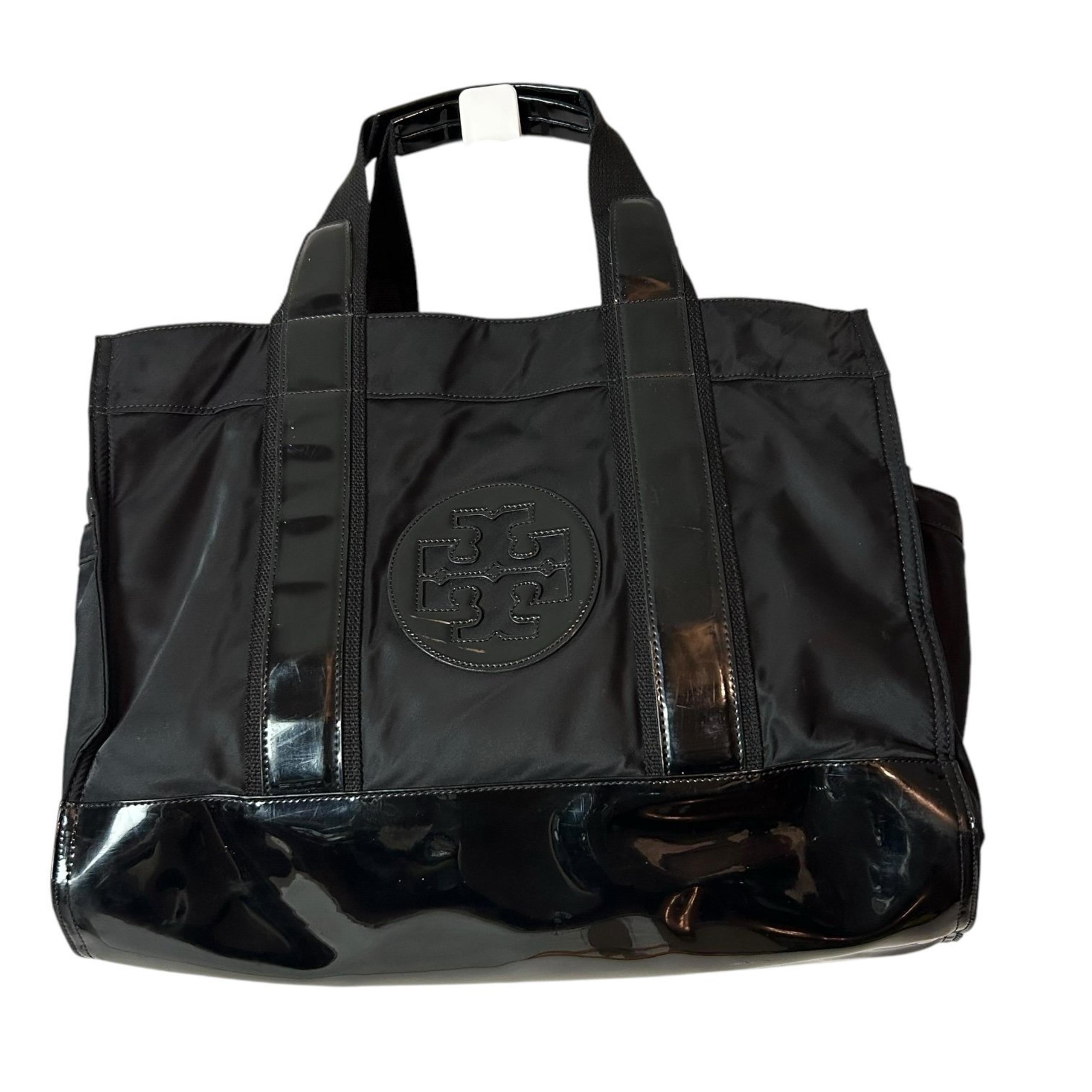 Tory Burch Women’s Handbag Tote Bag Logo Black Open Top Closure Patent Nylon