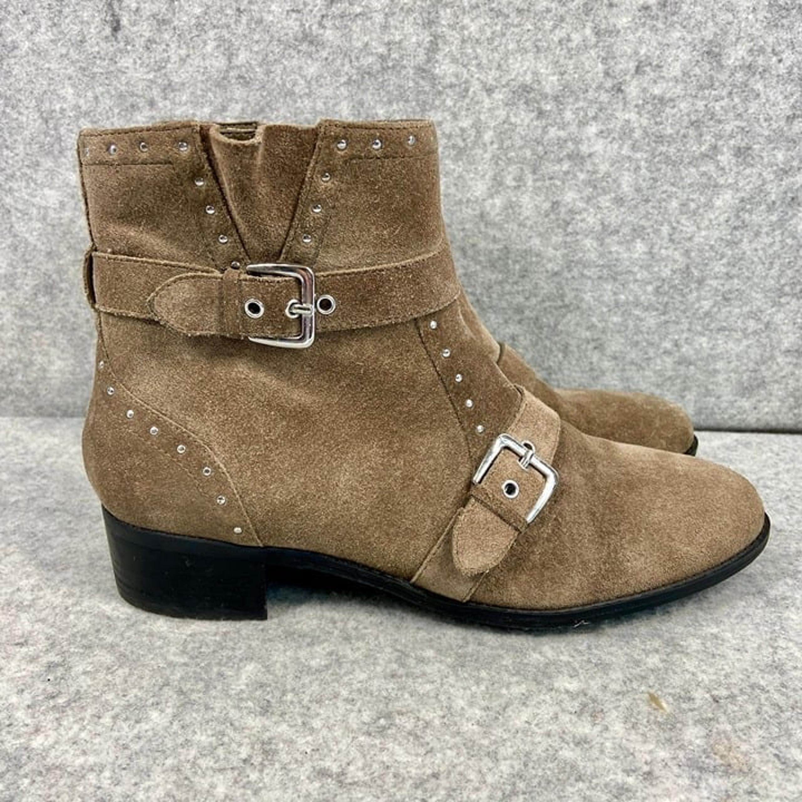 Isaac Mizrahi Live Selby Suede Ankle Boots Buckle Studs Beige Womens Size 9