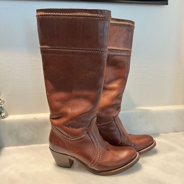 Frye Jane 14L Stitch Pebbled Full Grain Leather Cowboy Boots Redwood Size 6.5M