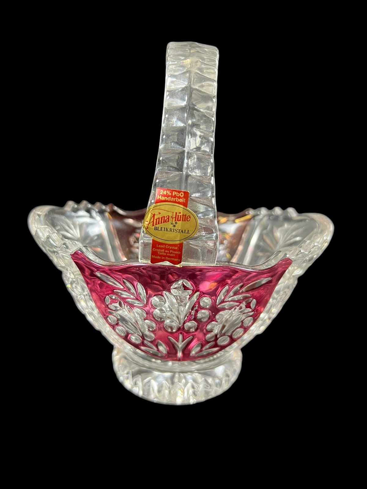 Anna Hutte Bleikristall 24% Lead Crystal Basket Brilliant Ruby Flash Germany.