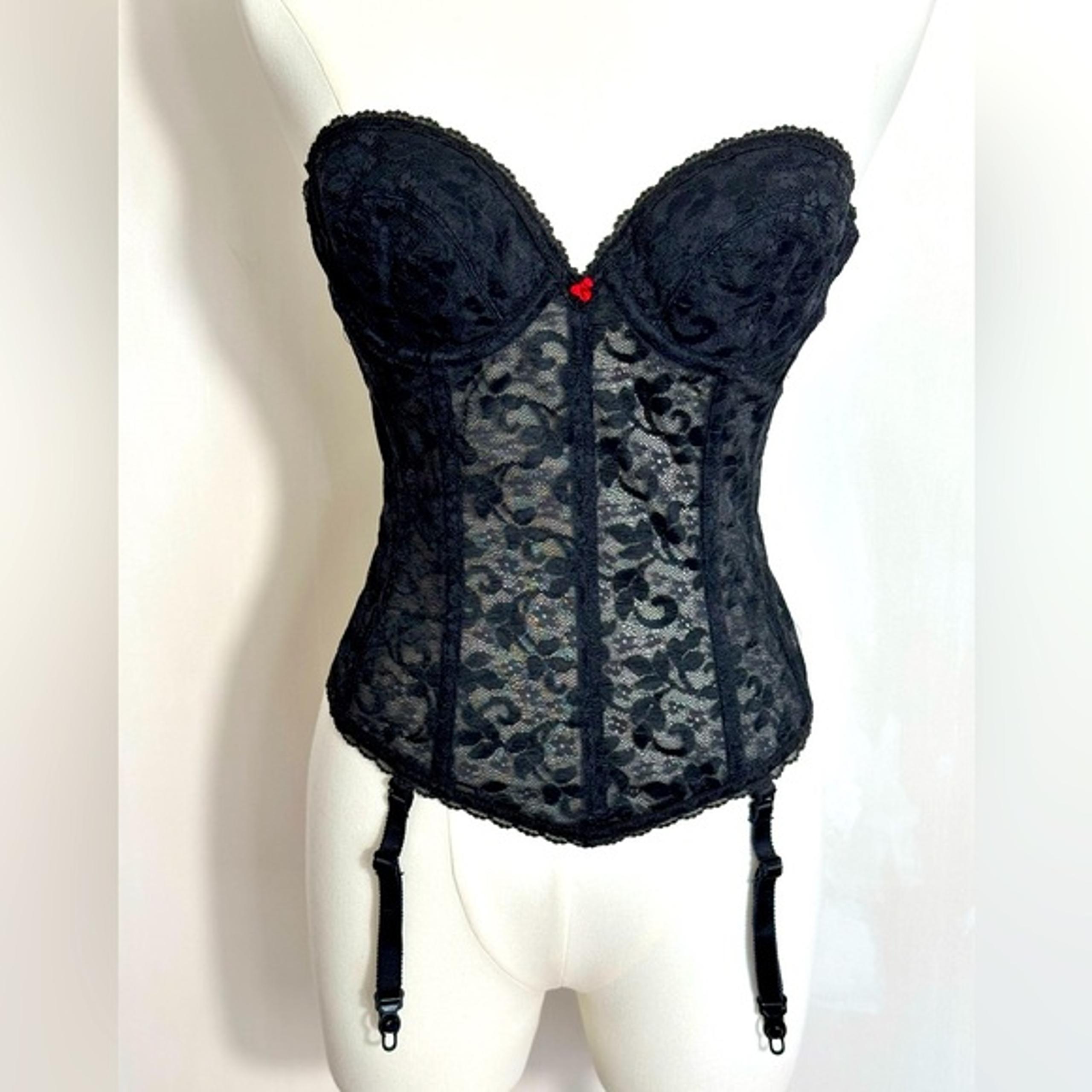 Vintage Union Made Black Lace Corset bustier - 34B - Coquette Office Siren